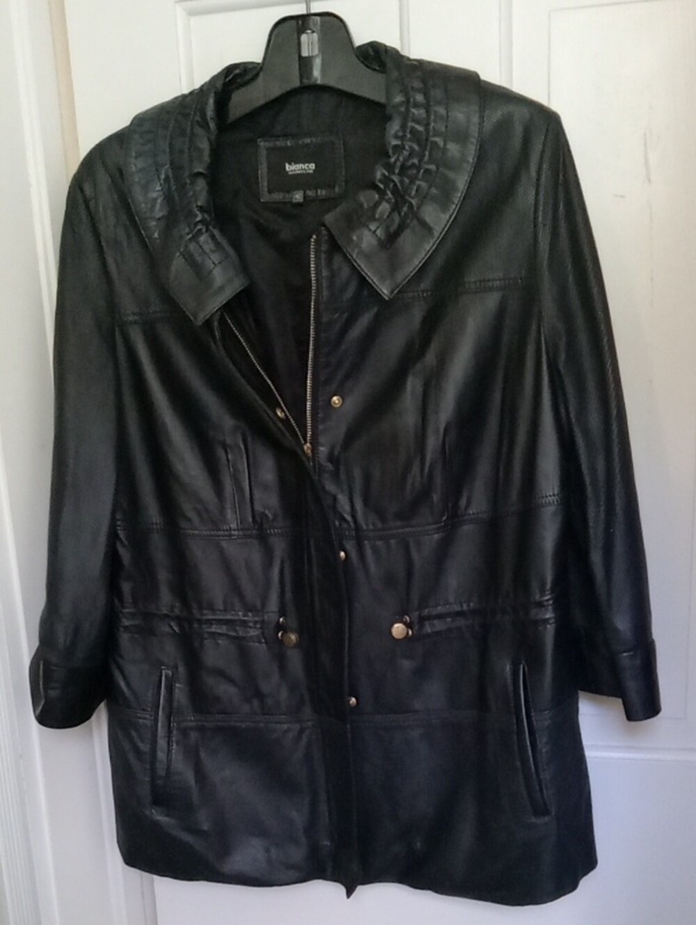 Vintage BIANCA Turkish Leather Black Ruched Collar Utility Jacket Size 40 Flaw